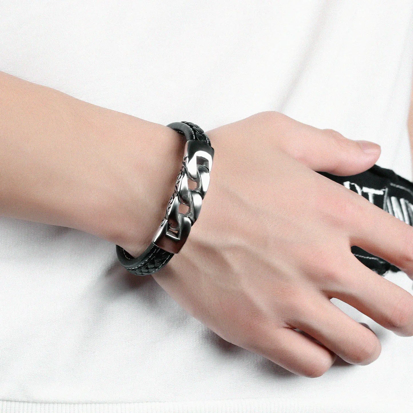 OPK Punk Style Titanium Steel Men's Leather Bracelet