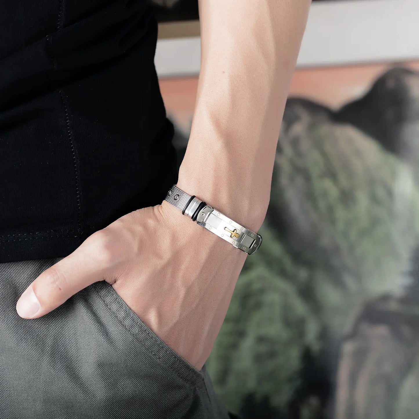 Titanium Steel Cross Bracelet for Men