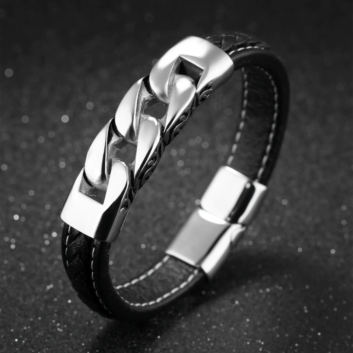 OPK Punk Style Titanium Steel Men's Leather Bracelet